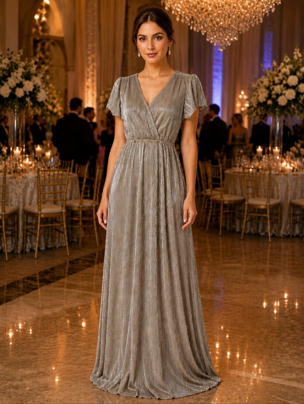NWT Baltic Born *With Minor Flaw* Metallic Golden Pleated V Neck Maxi Dress - Picture 1 of 8